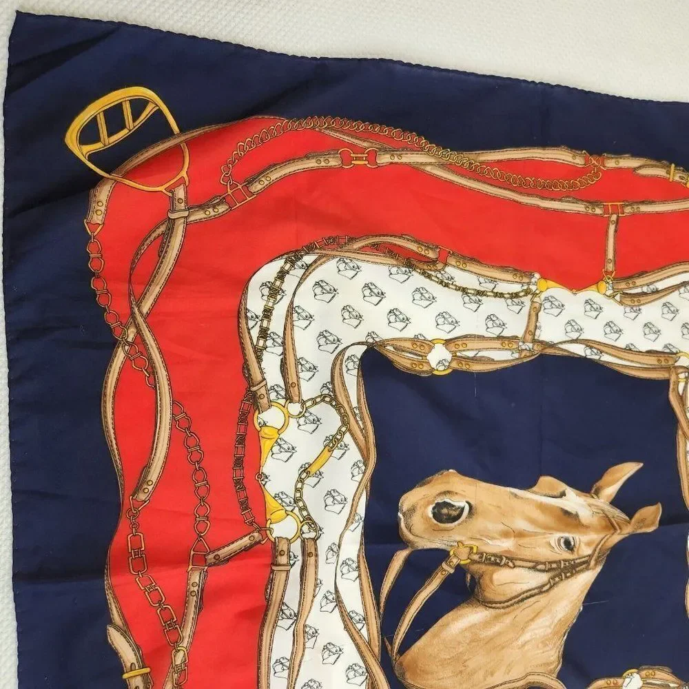Vintage 70s Leonardi Paris Equestrian Horse Bit Square Scarf Wrap Red Blue 30